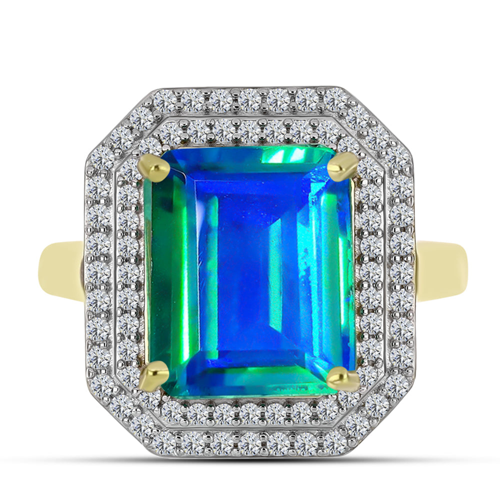 Anillo de Plata Bañada en Oro con Cuarzo Pavo Real y Topacio Blanco 1 