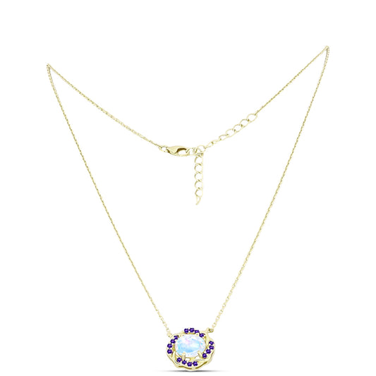 Collar de Plata Bañada en Oro con Piedra Lunar Arco Iris y Amatista de Marruecos