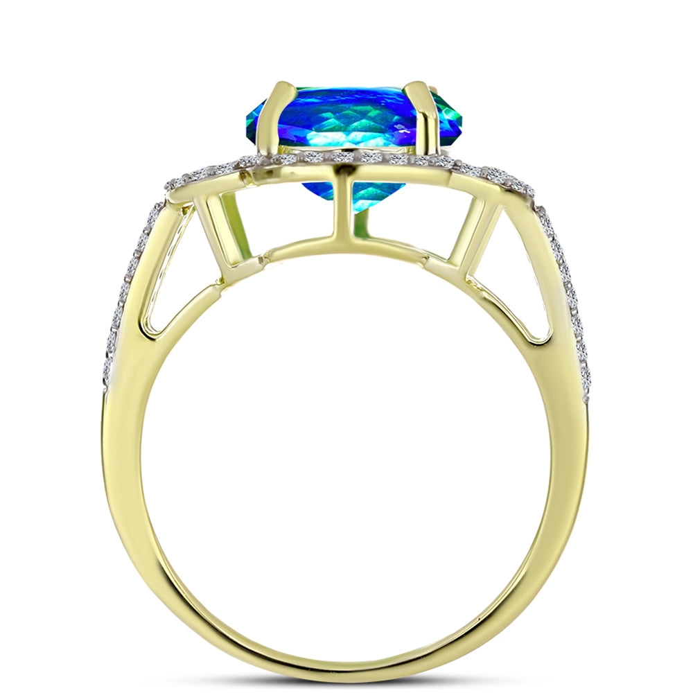 Anillo de Plata Bañada en Oro con Cuarzo Pavo Real y Topacio Blanco