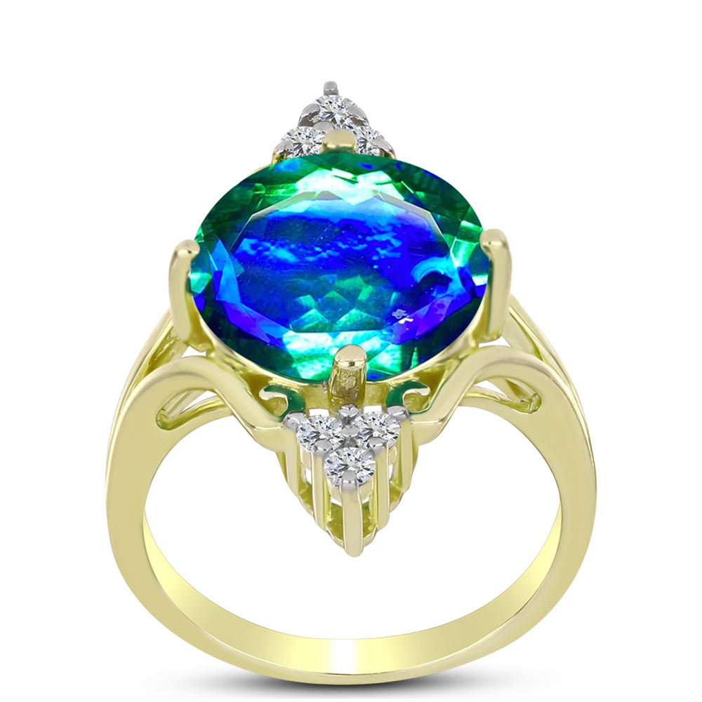 Anillo de Plata Bañada en Oro con Cuarzo Pavo Real y Topacio Blanco 3 