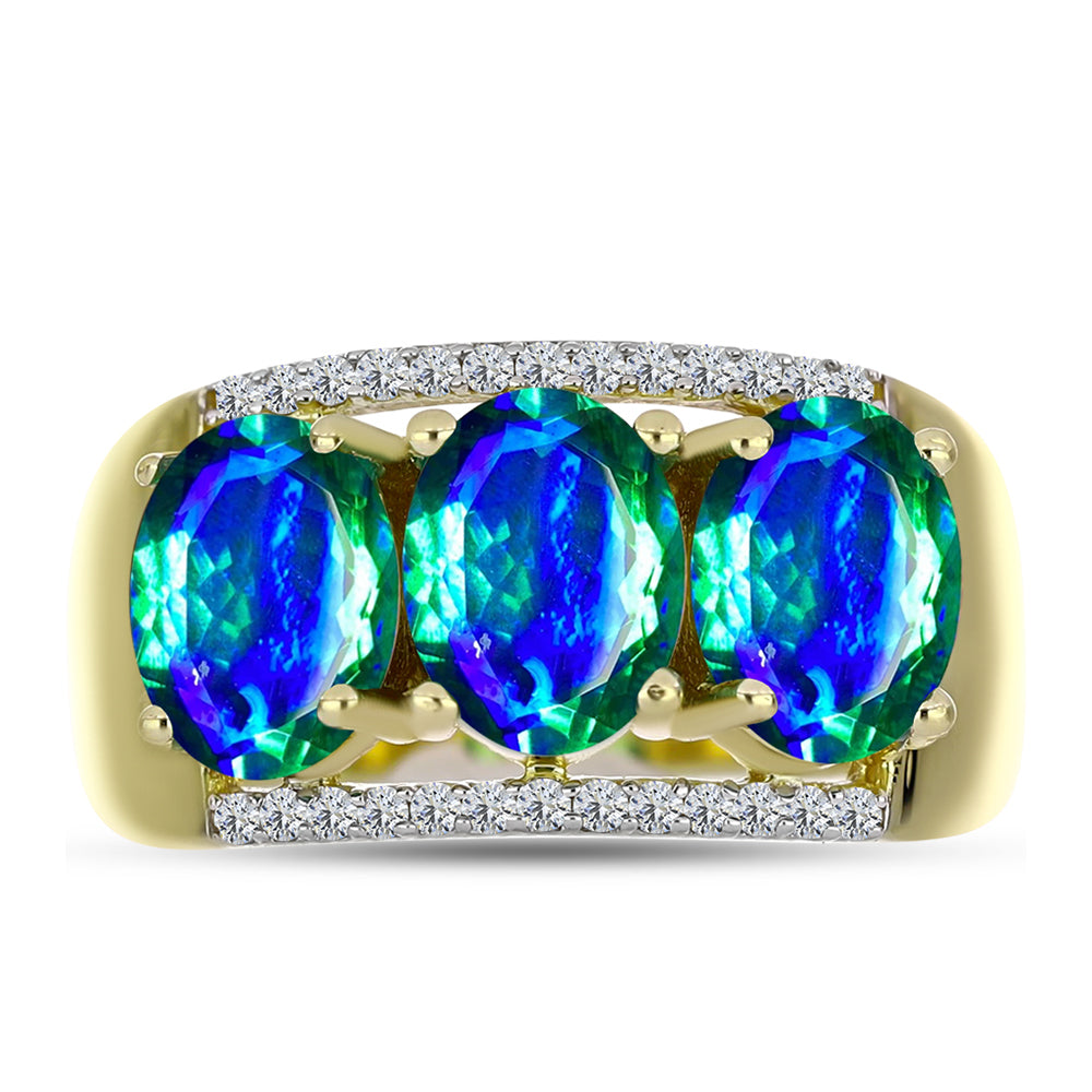 Anillo de Plata Bañada en Oro con Cuarzo Pavo Real y Topacio Blanco 1 