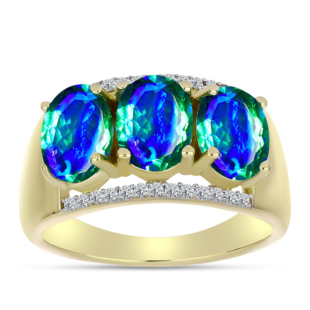 Anillo de Plata Bañada en Oro con Cuarzo Pavo Real y Topacio Blanco 3 