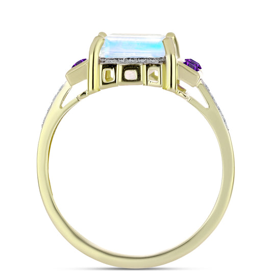 Anillo de Plata Bañada en Oro con Piedra Lunar Arco Iris y Amatista de Marruecos