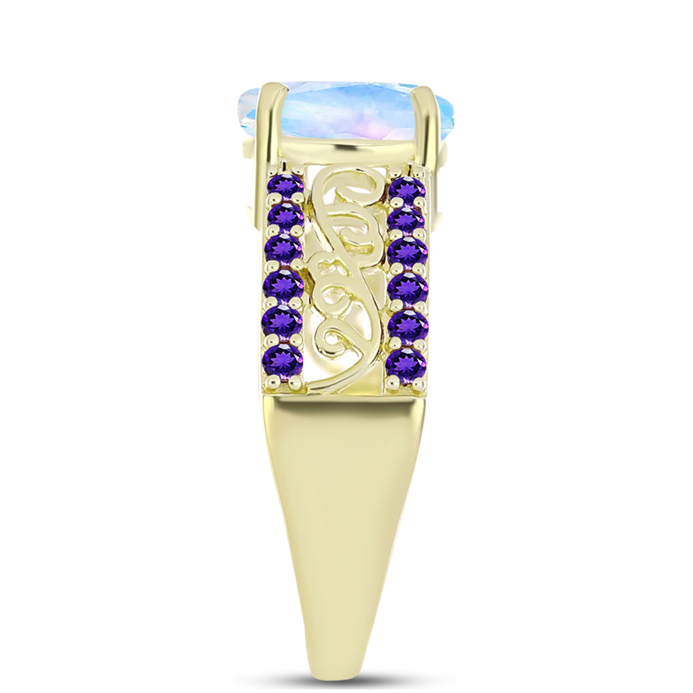 Anillo de Plata Bañada en Oro con Piedra Lunar Arco Iris y Amatista de Marruecos 4 