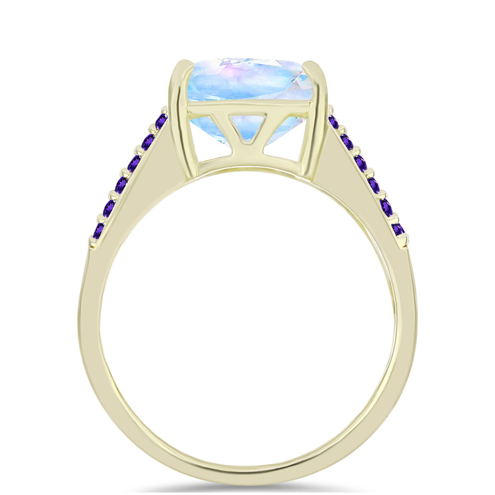 Anillo de Plata Bañada en Oro con Piedra Lunar Arco Iris y Amatista de Marruecos 2 
