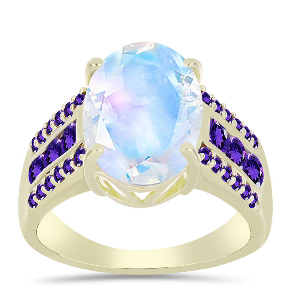 Anillo de Plata Bañada en Oro con Piedra Lunar Arco Iris y Amatista de Marruecos
