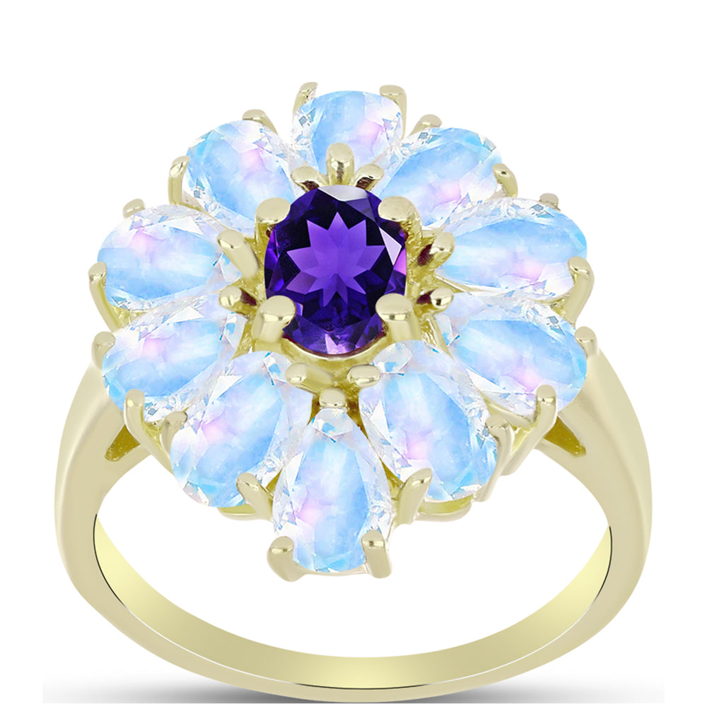 Anillo de Plata Bañada en Oro con Piedra Lunar Arco Iris y Amatista de Marruecos 3 