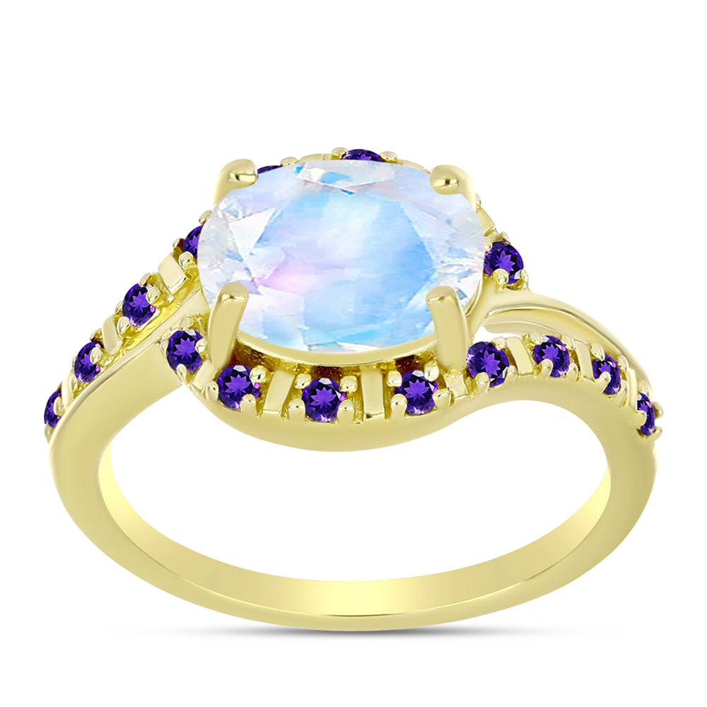 Anillo de Plata Bañada en Oro con Piedra Lunar Arco Iris y Amatista de Marruecos