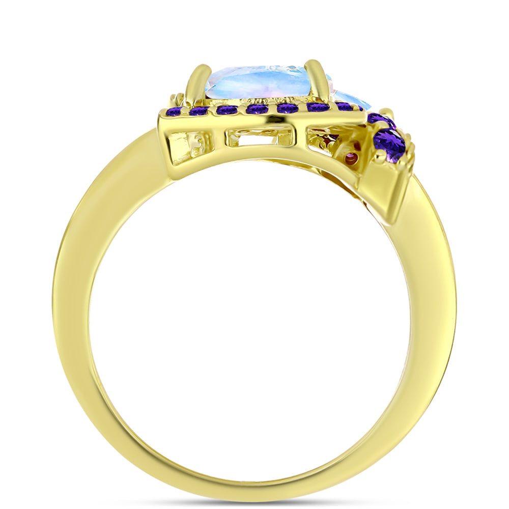 Anillo de Plata Bañada en Oro con Piedra Lunar Arco Iris y Amatista de Marruecos
