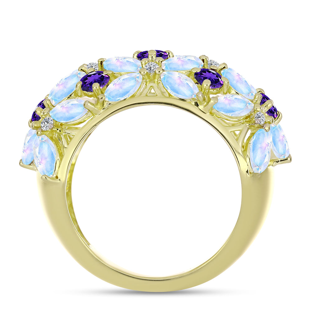 Anillo de Plata Bañada en Oro con Piedra Lunar Arco Iris y Amatista de Marruecos