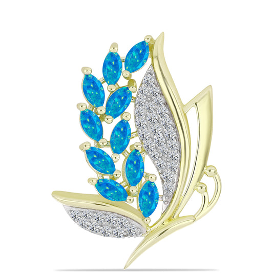 Broche de Plata Bañada en Oro con Ópalo Azul Paraiba de Etiopía y Topacio Blanco