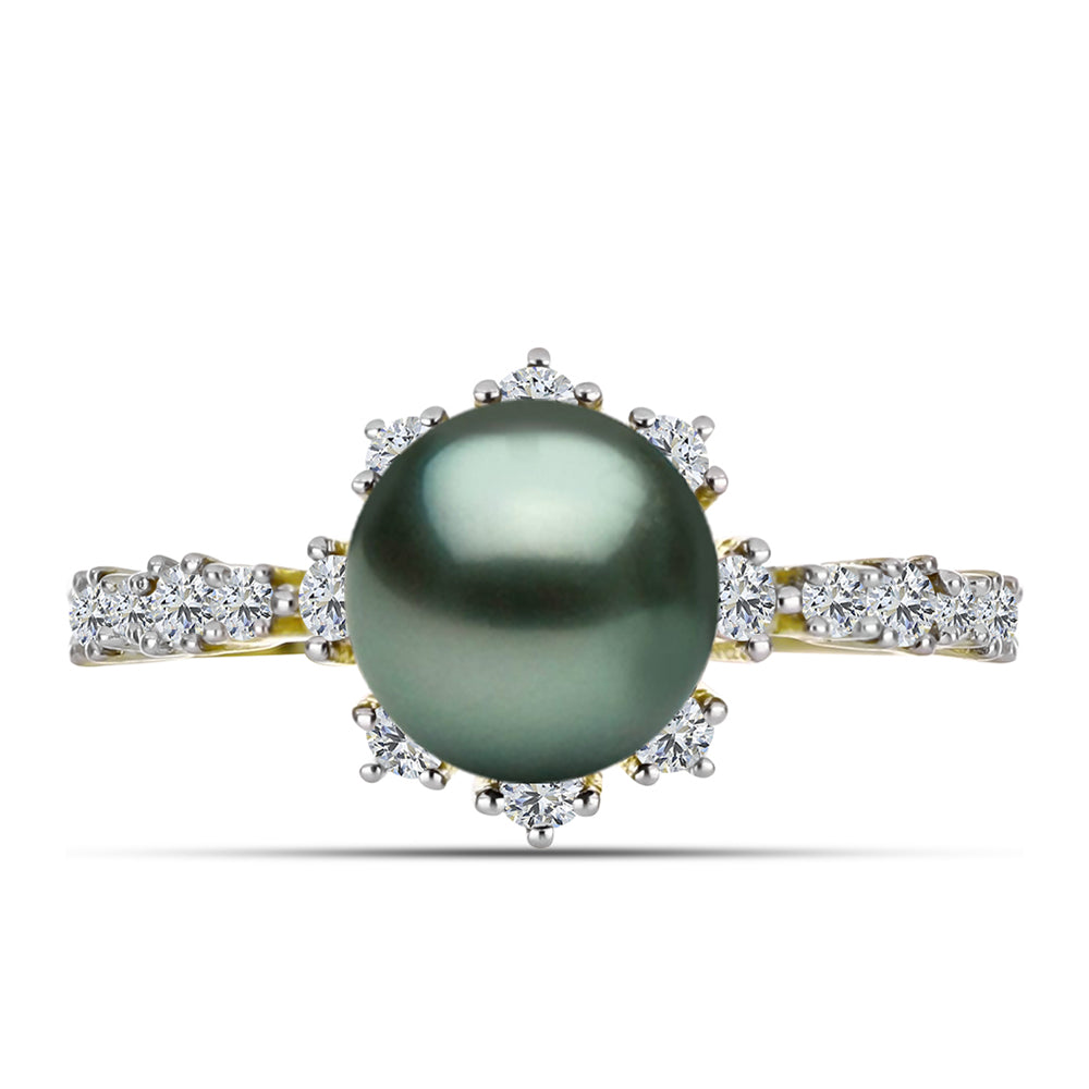 Anillo de Plata Bañada en Oro con Perla de río Tahiti verde ilusión y Topacio Blanco