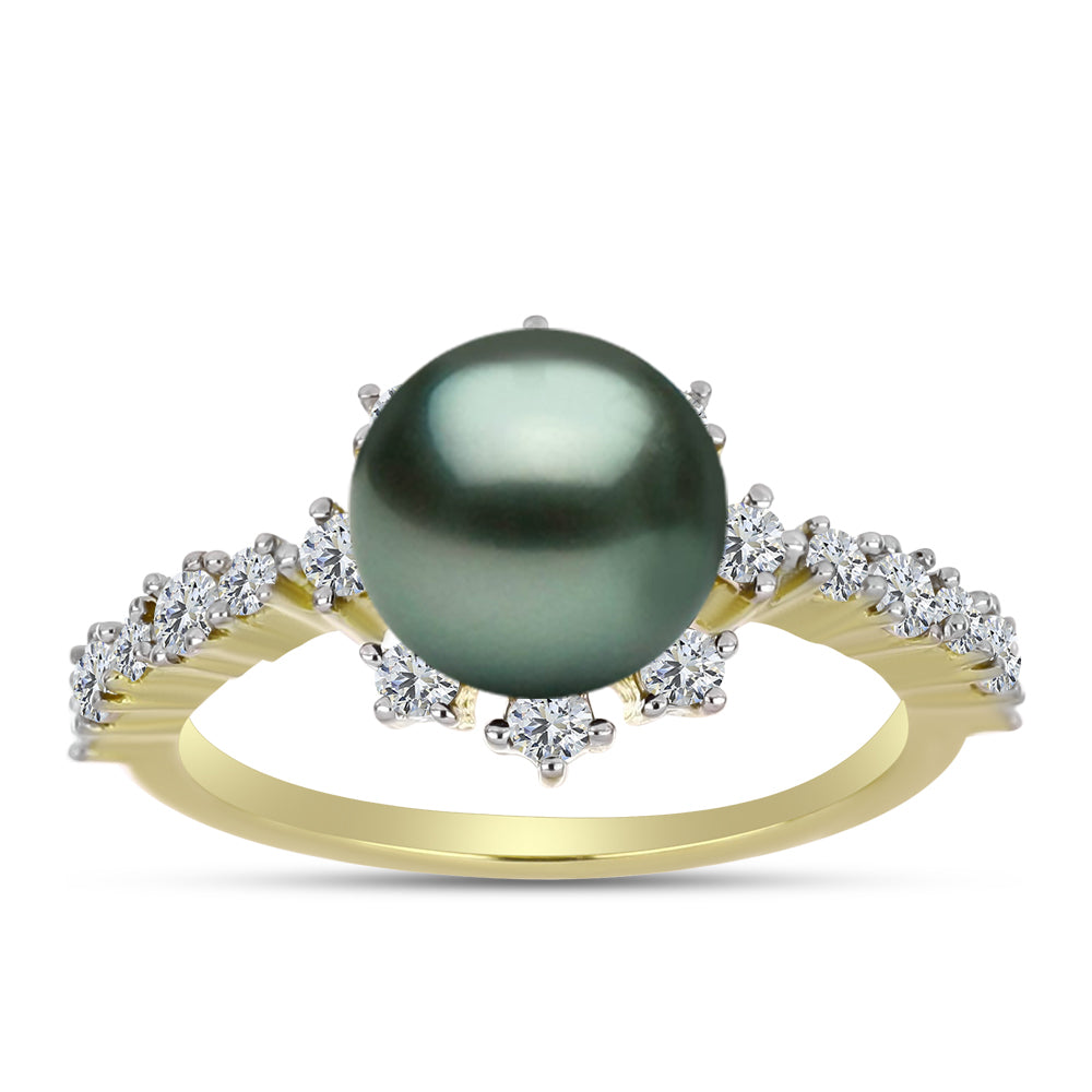 Anillo de Plata Bañada en Oro con Perla de río Tahiti verde ilusión y Topacio Blanco