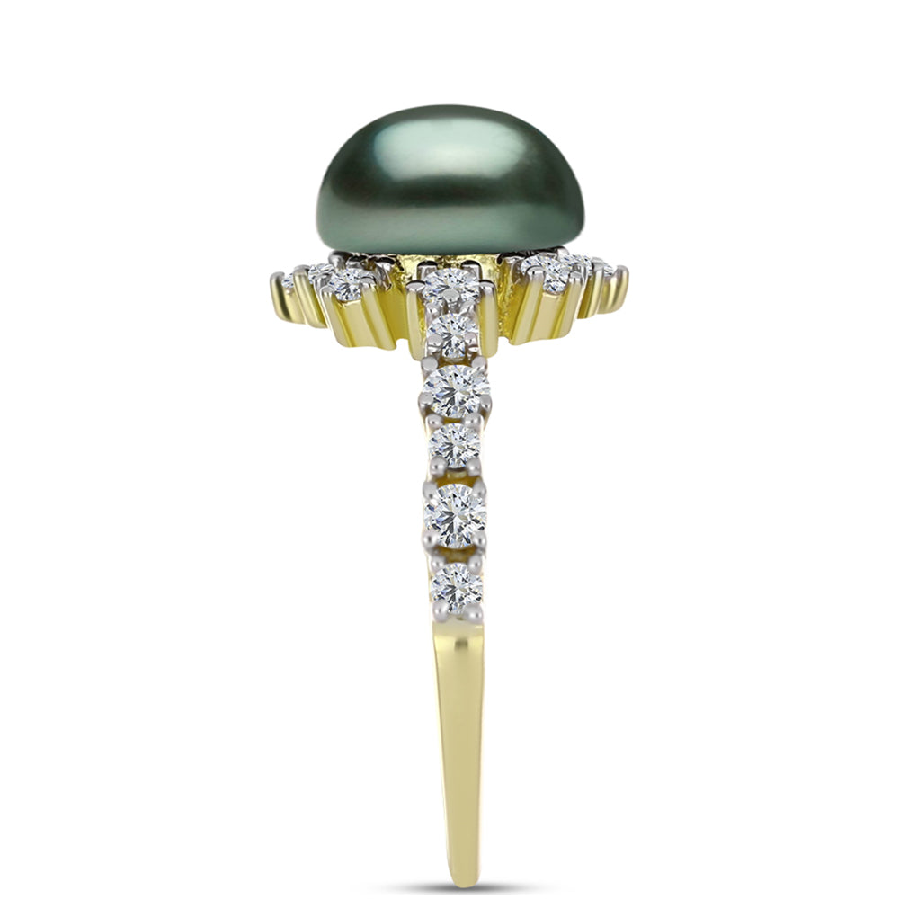 Anillo de Plata Bañada en Oro con Perla de río Tahiti verde ilusión y Topacio Blanco 4 