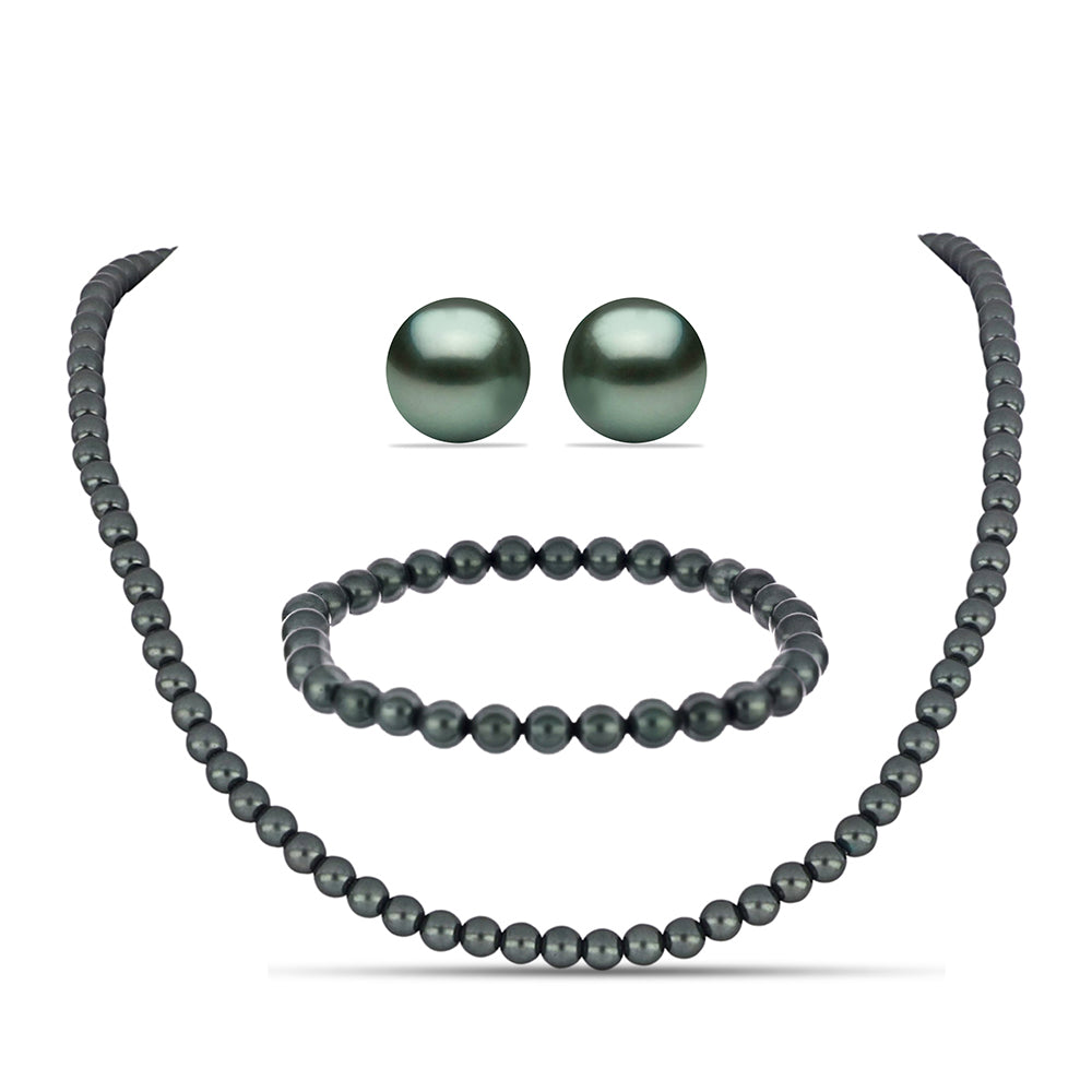 Conjunto de Plata Bañada en Oro con Perla de río Tahiti verde ilusión ( Collar +Pendientes +Pulsera )
