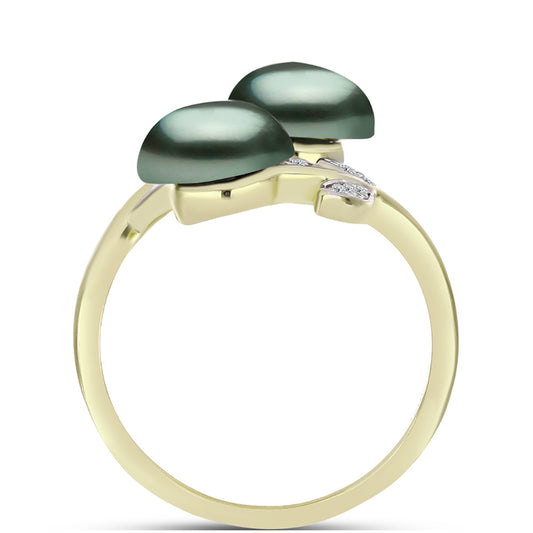 Anillo de Plata Bañada en Oro con Perla de río Tahiti verde ilusión y Topacio Blanco