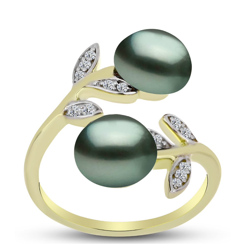 Anillo de Plata Bañada en Oro con Perla de río Tahiti verde ilusión y Topacio Blanco 3 