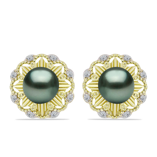 Pendientes de Plata Bañada en Oro con Perla de río Tahiti verde ilusión y Topacio Blanco