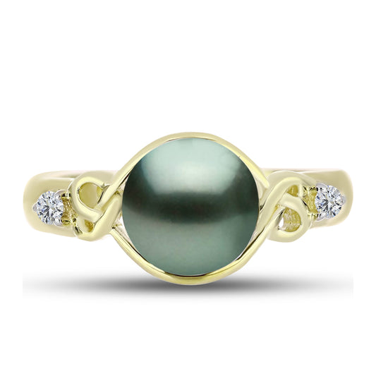 Anillo de Plata Bañada en Oro con Perla de río Tahiti verde ilusión y Topacio Blanco