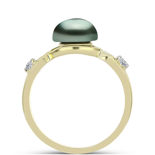 Anillo de Plata Bañada en Oro con Perla de río Tahiti verde ilusión y Topacio Blanco