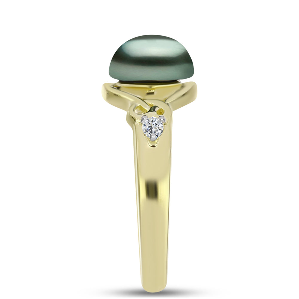 Anillo de Plata Bañada en Oro con Perla de río Tahiti verde ilusión y Topacio Blanco
