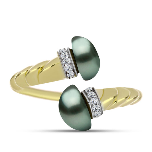 Anillo de Plata Bañada en Oro con Perla de río Tahiti verde ilusión y Topacio Blanco