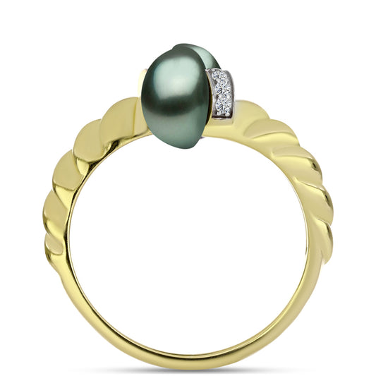 Anillo de Plata Bañada en Oro con Perla de río Tahiti verde ilusión y Topacio Blanco