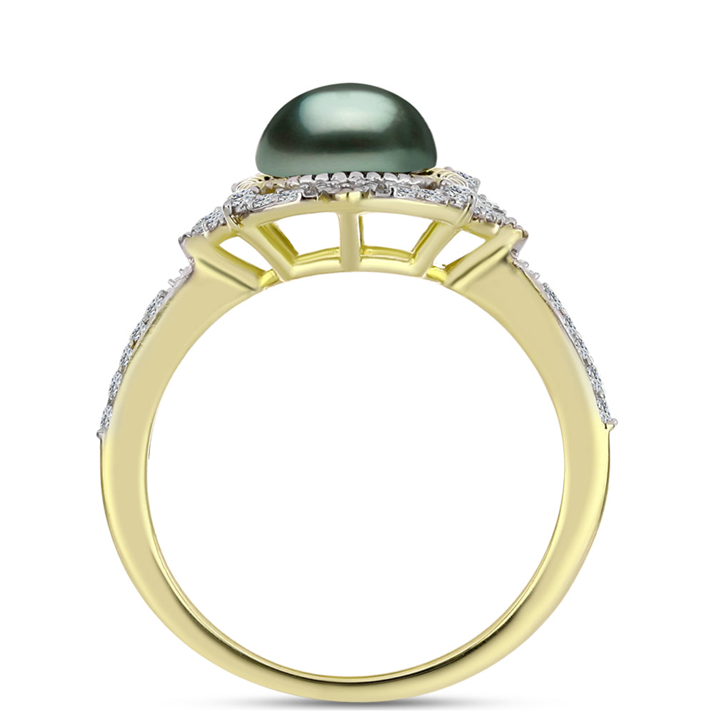 Anillo de Plata Bañada en Oro con Perla de río Tahiti verde ilusión y Topacio Blanco 2 