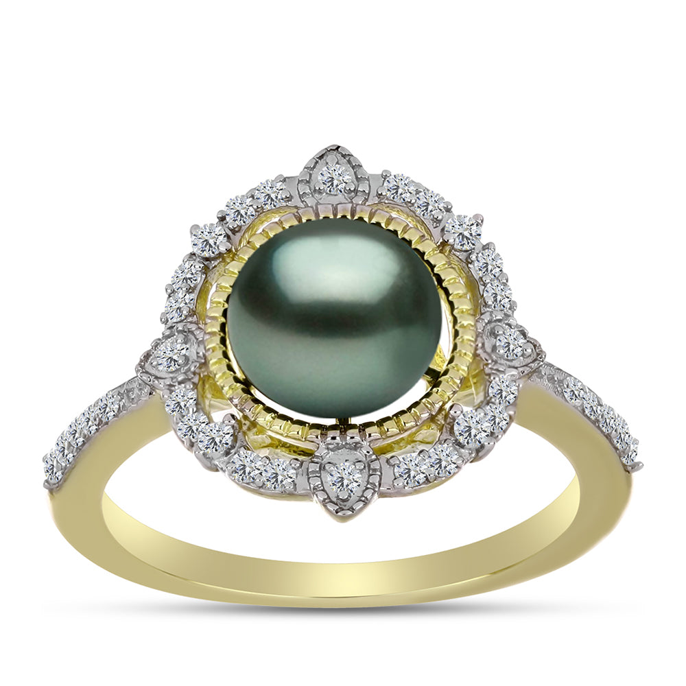 Anillo de Plata Bañada en Oro con Perla de río Tahiti verde ilusión y Topacio Blanco