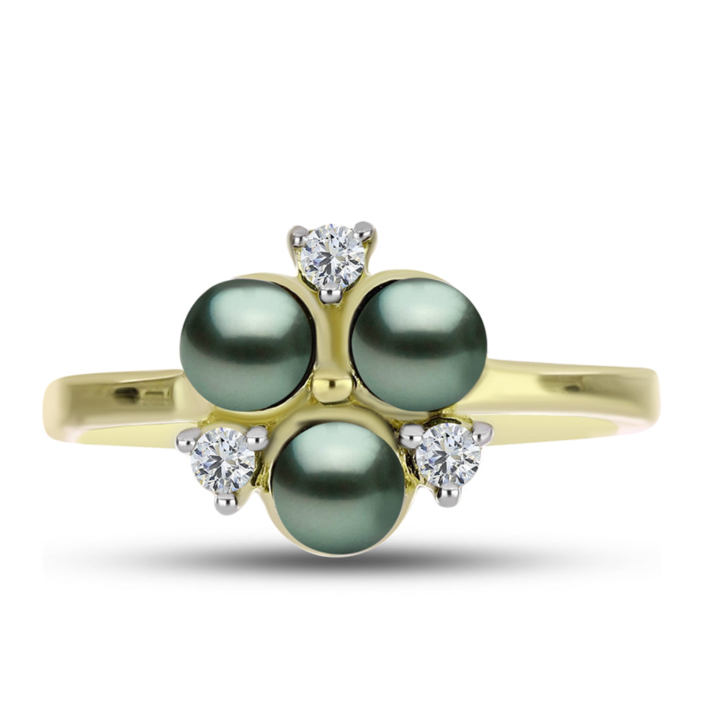 Anillo de Plata Bañada en Oro con Perla de río Tahiti verde ilusión y Topacio Blanco