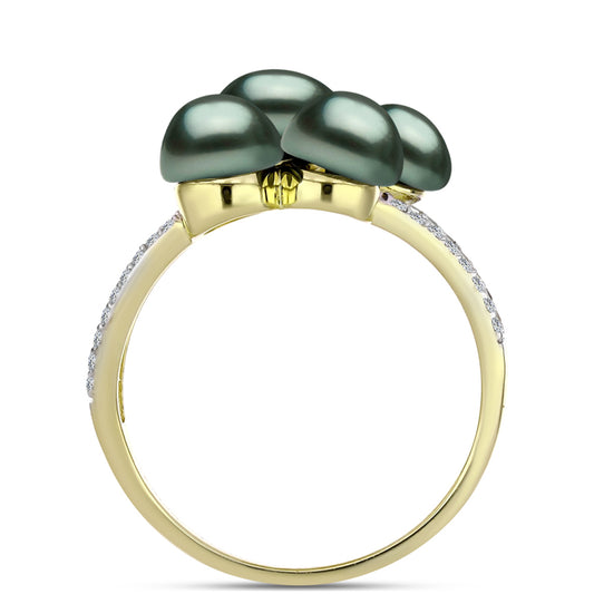 Anillo de Plata Bañada en Oro con Perla de río Tahiti verde ilusión y Topacio Blanco