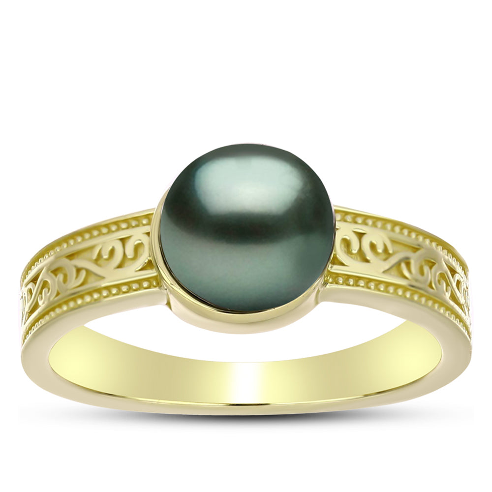 Anillo de Plata Bañada en Oro con Perla de río Tahiti verde ilusión