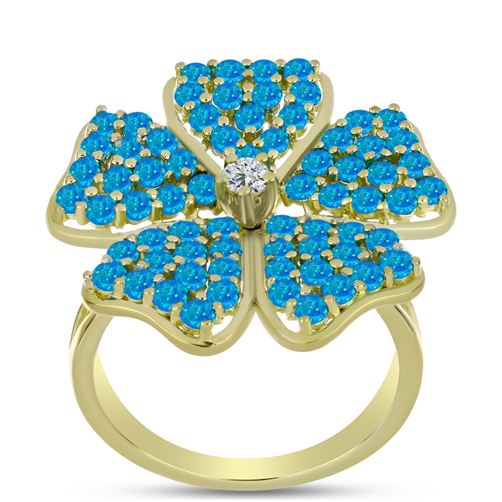 Anillo de Plata Bañada en Oro con Ópalo Azul Paraiba de Etiopía y Topacio Blanco 3 