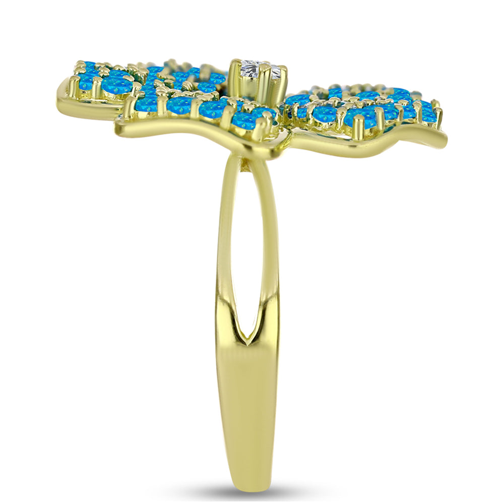 Anillo de Plata Bañada en Oro con Ópalo Azul Paraiba de Etiopía y Topacio Blanco 4 