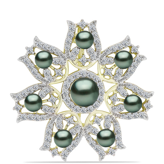 Broche de Plata Bañada en Oro con Perla de río Tahiti verde ilusión y Topacio Blanco