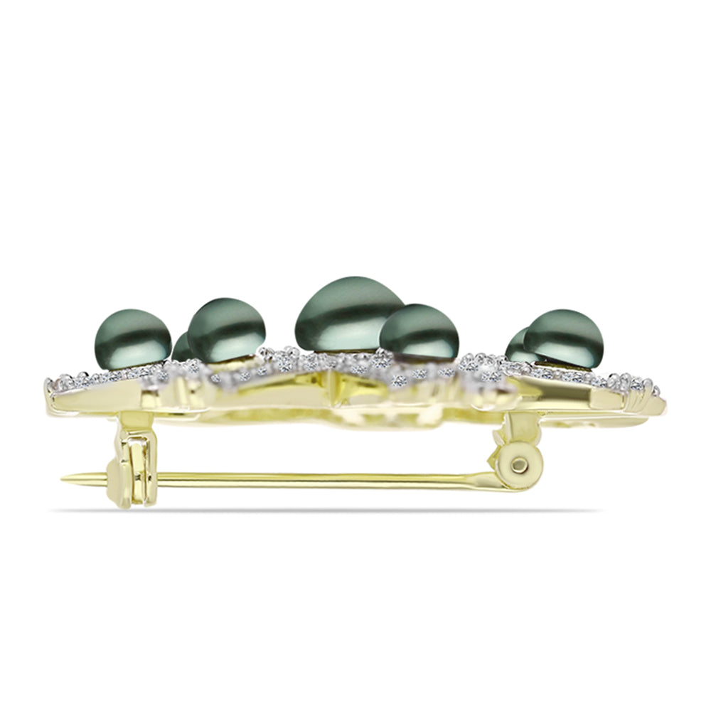 Broche de Plata Bañada en Oro con Perla de río Tahiti verde ilusión y Topacio Blanco