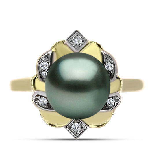Anillo de Plata Bañada en Oro con Perla de río Tahiti verde ilusión y Topacio Blanco