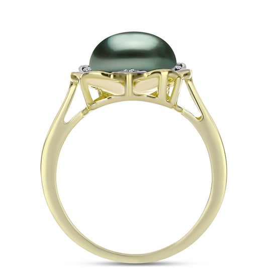 Anillo de Plata Bañada en Oro con Perla de río Tahiti verde ilusión y Topacio Blanco