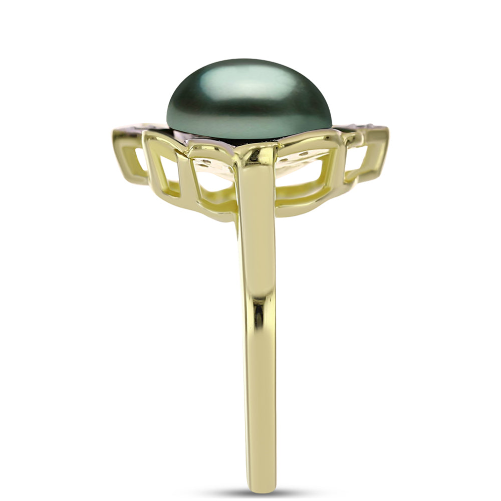 Anillo de Plata Bañada en Oro con Perla de río Tahiti verde ilusión y Topacio Blanco 4 