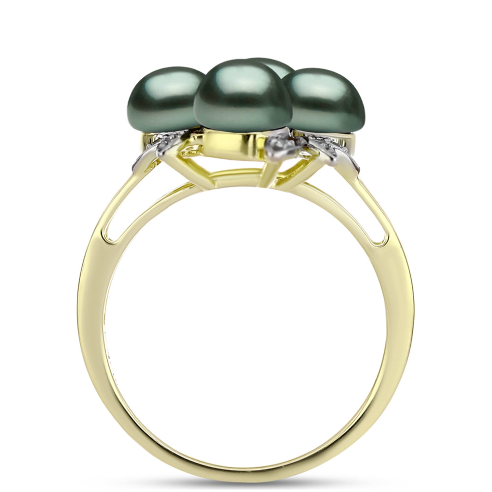 Anillo de Plata Bañada en Oro con Perla de río Tahiti verde ilusión y Topacio Blanco 2 