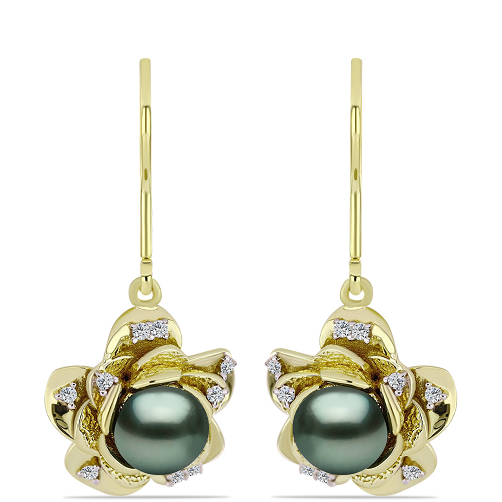 Pendientes de Plata Bañada en Oro con Perla de río Tahiti verde ilusión y Topacio Blanco 1 