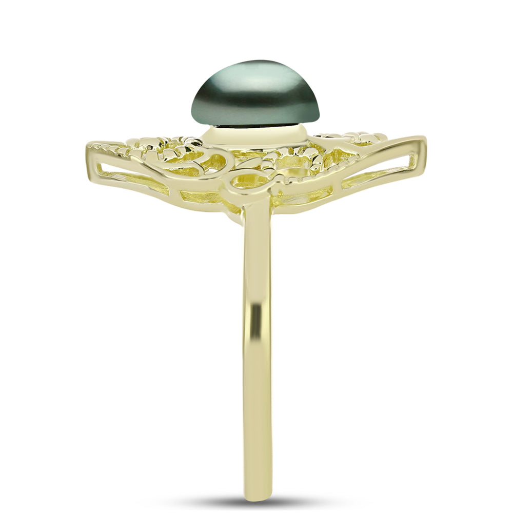 Anillo de Plata Bañada en Oro con Perla de río Tahiti verde ilusión