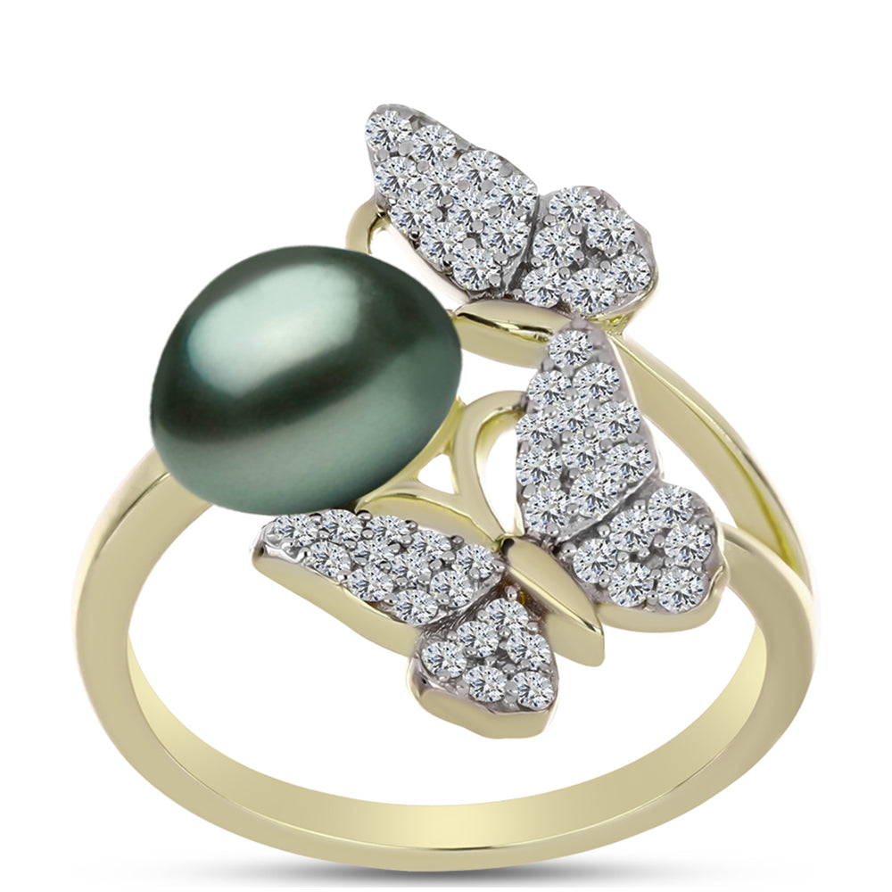 Anillo de Plata Bañada en Oro con Perla de río Tahiti verde ilusión y Topacio Blanco