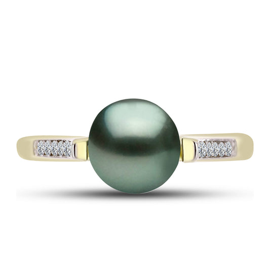 Anillo de Plata Bañada en Oro con Perla de río Tahiti verde ilusión y Topacio Blanco