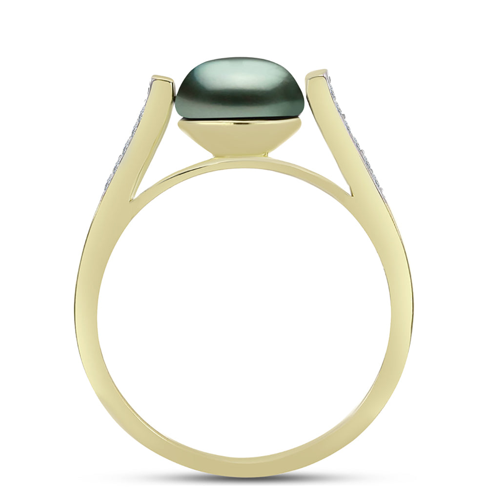 Anillo de Plata Bañada en Oro con Perla de río Tahiti verde ilusión y Topacio Blanco