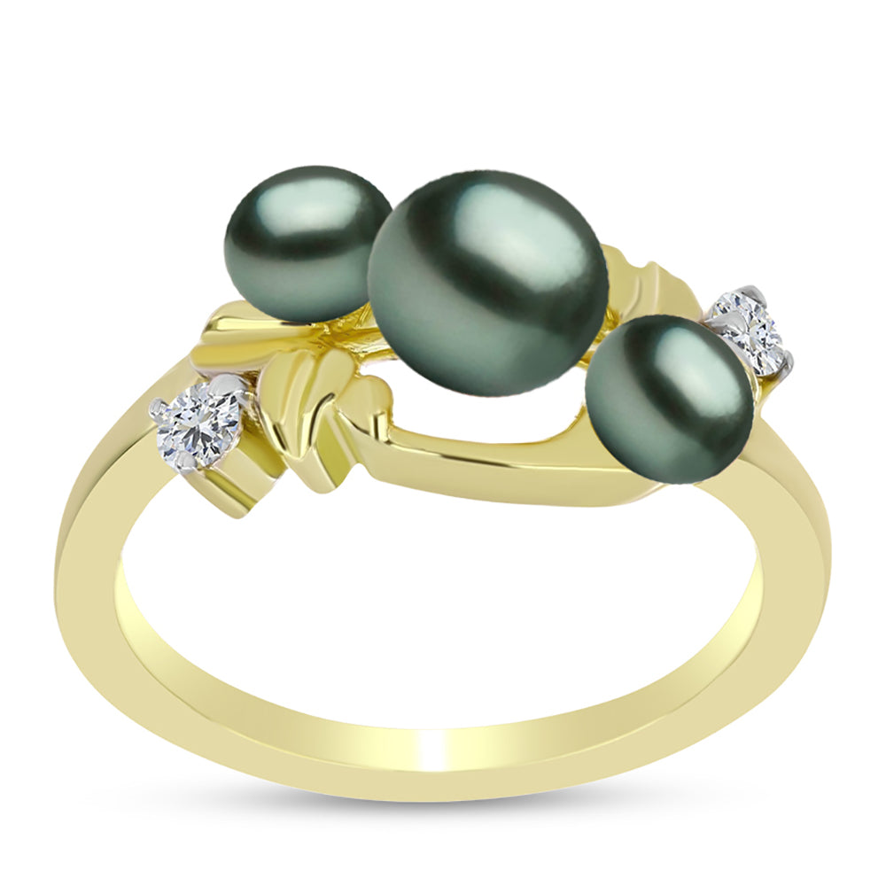 Anillo de Plata Bañada en Oro con Perla de río Tahiti verde ilusión y Topacio Blanco
