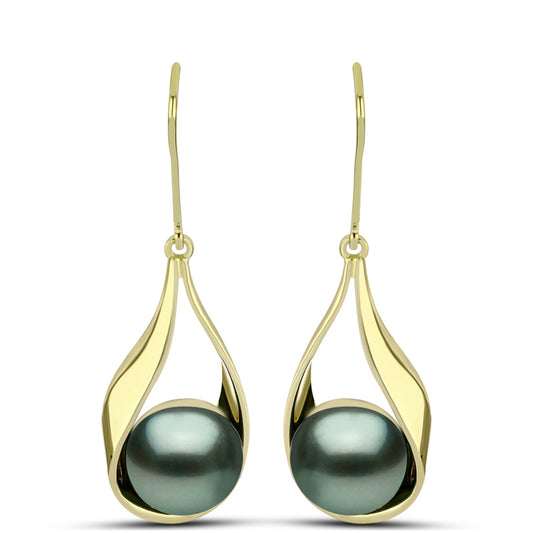 Pendientes de Plata Bañada en Oro con Perla de río Tahiti verde ilusión