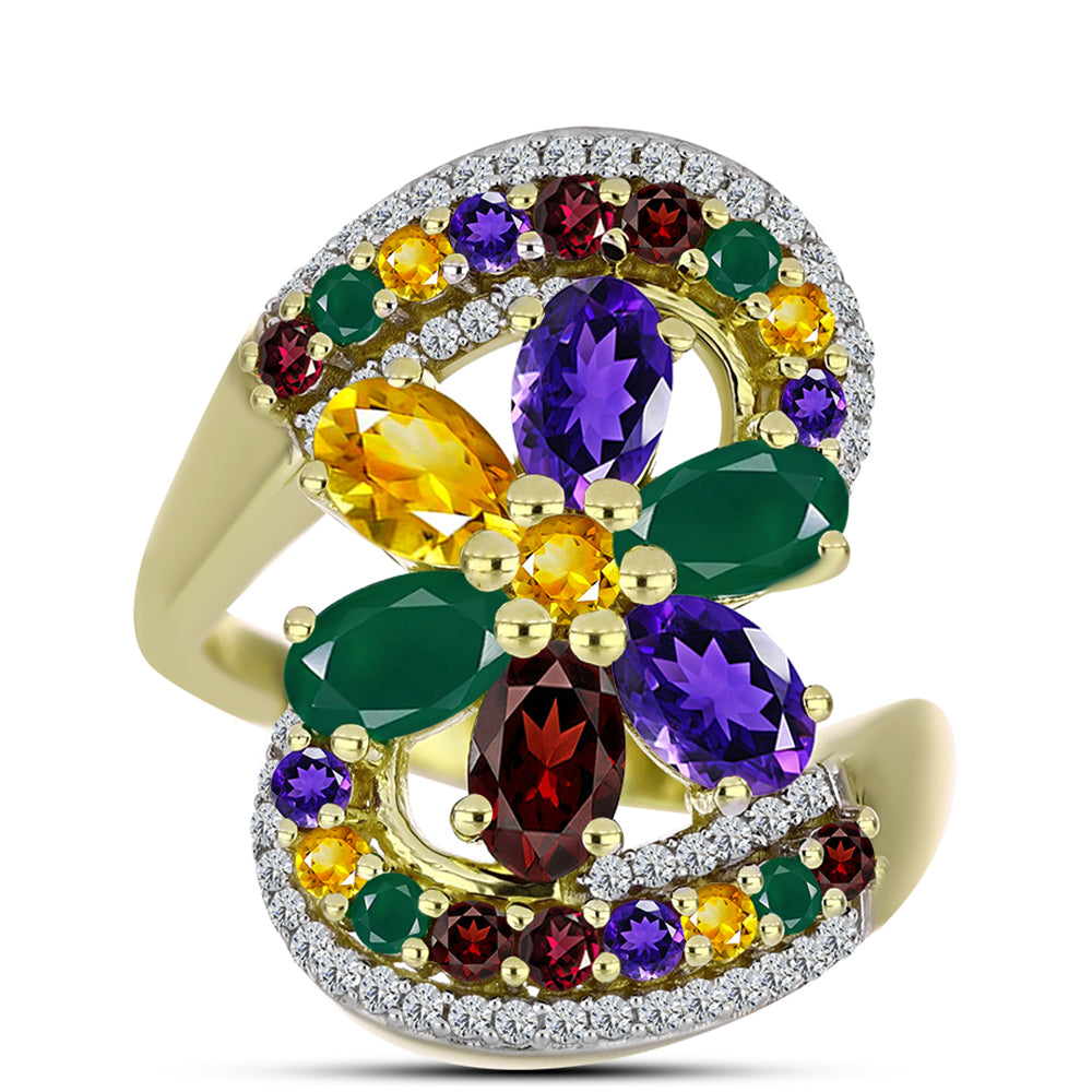 Anillo de Plata Bañada en Oro con Amatista de Marruecos y Citrino de los Montes Urales