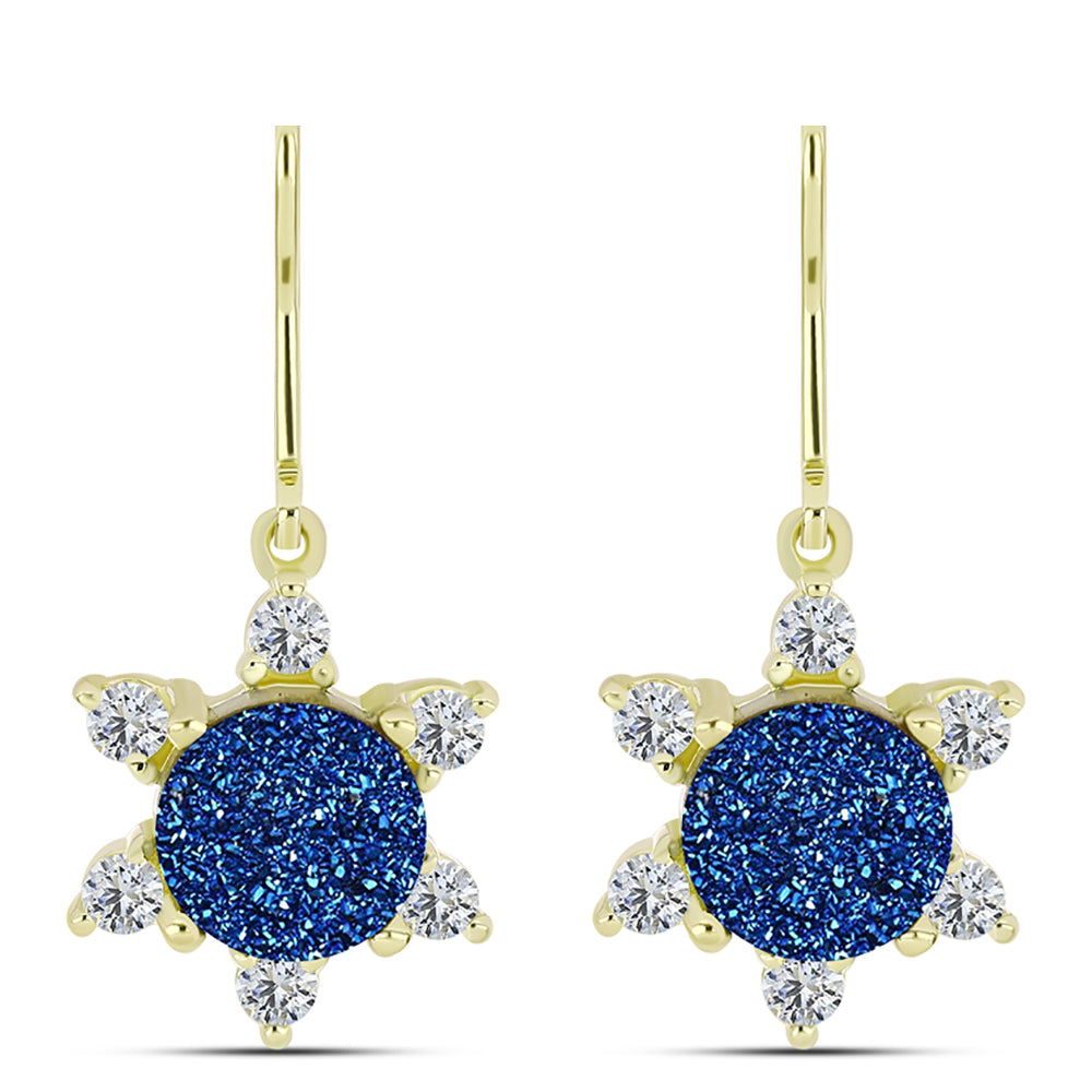 Pendientes de Plata Bañada en Oro con Drusa Azul y Topacio Blanco