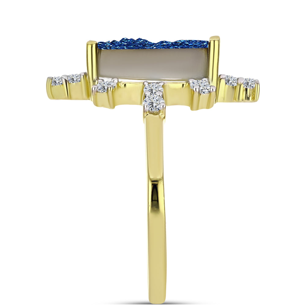 Anillo de Plata Bañada en Oro con Drusa Azul y Topacio Blanco 3 